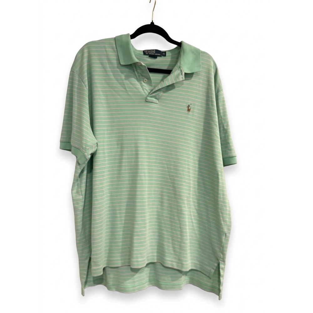 Polo Ralph Lauren Mens XL Polo Shirt Mint Green Pink Striped Cotton Short Sleeve